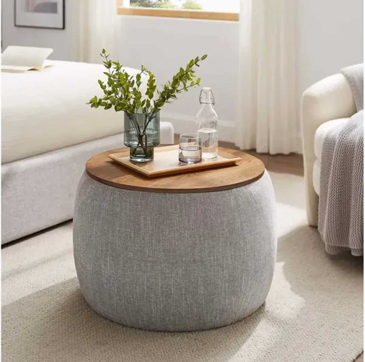 Perla Woven Heathered Fabric Upholstered Storage Ottoman