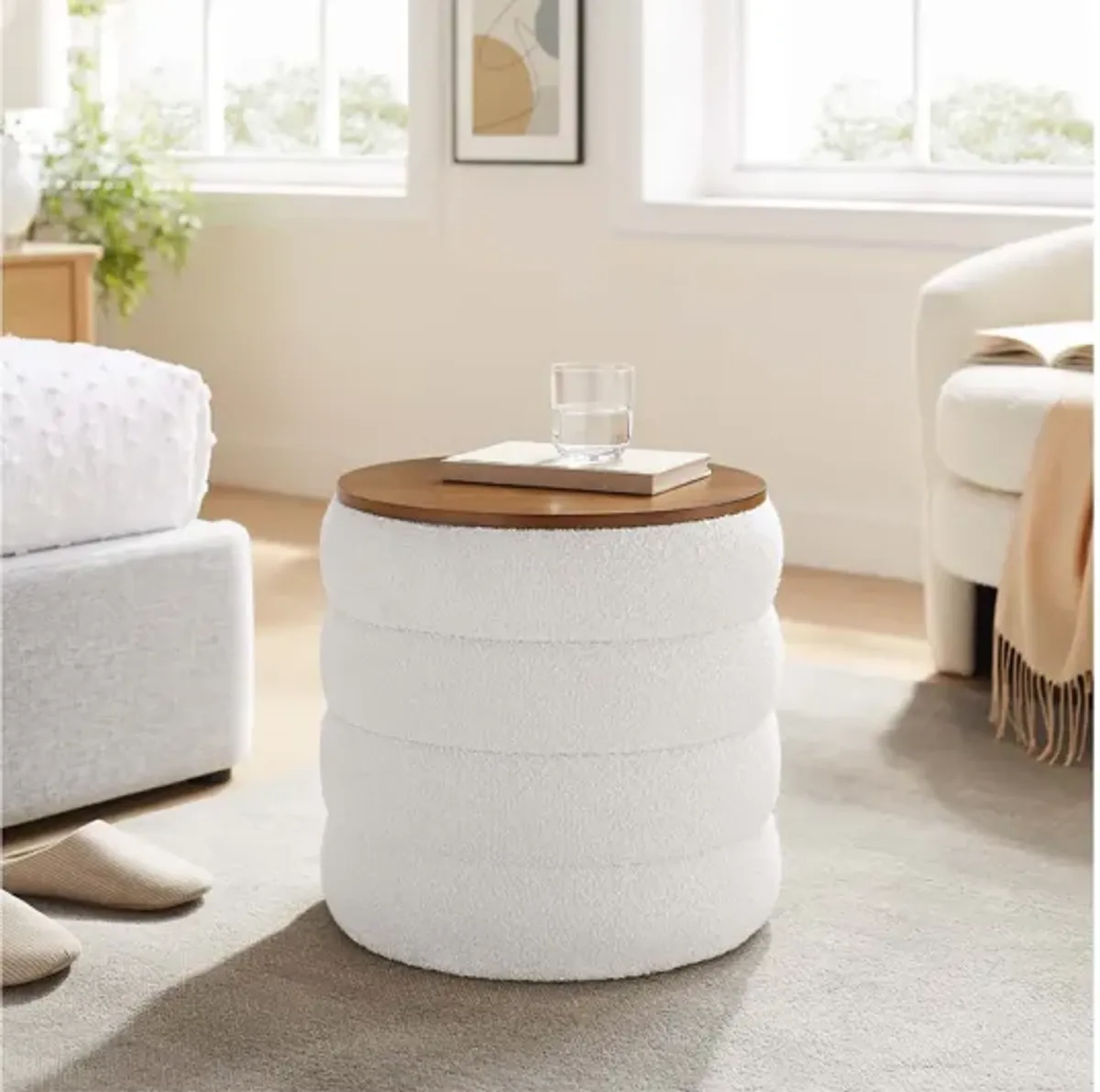 Mezzo Round Boucle Fabric Storage Ottoman