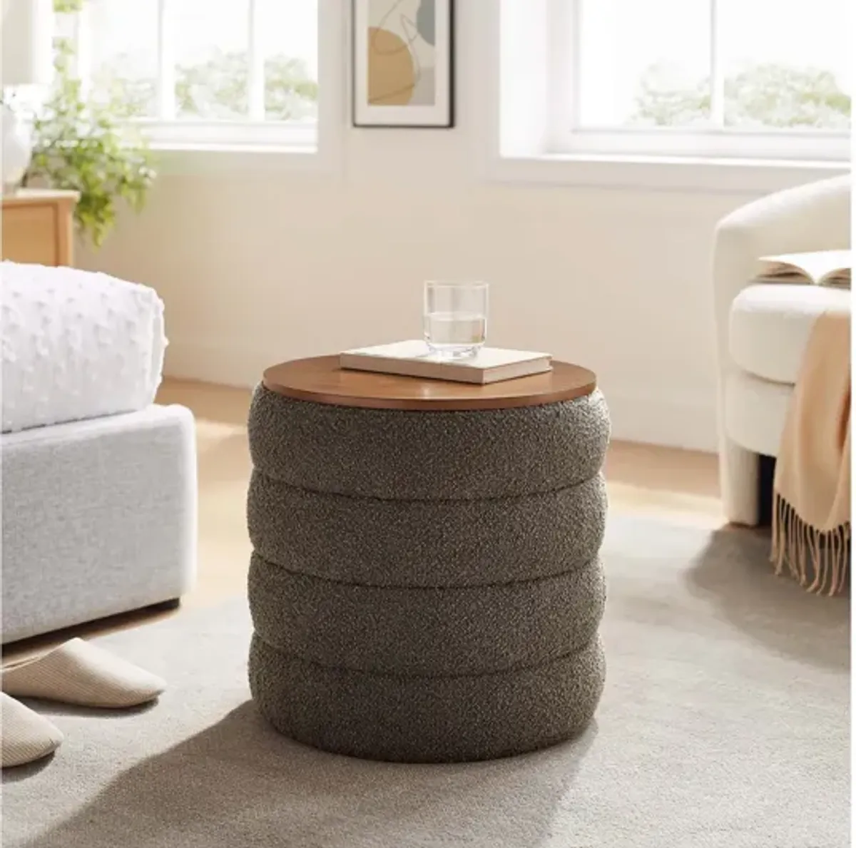 Mezzo Round Boucle Fabric Storage Ottoman