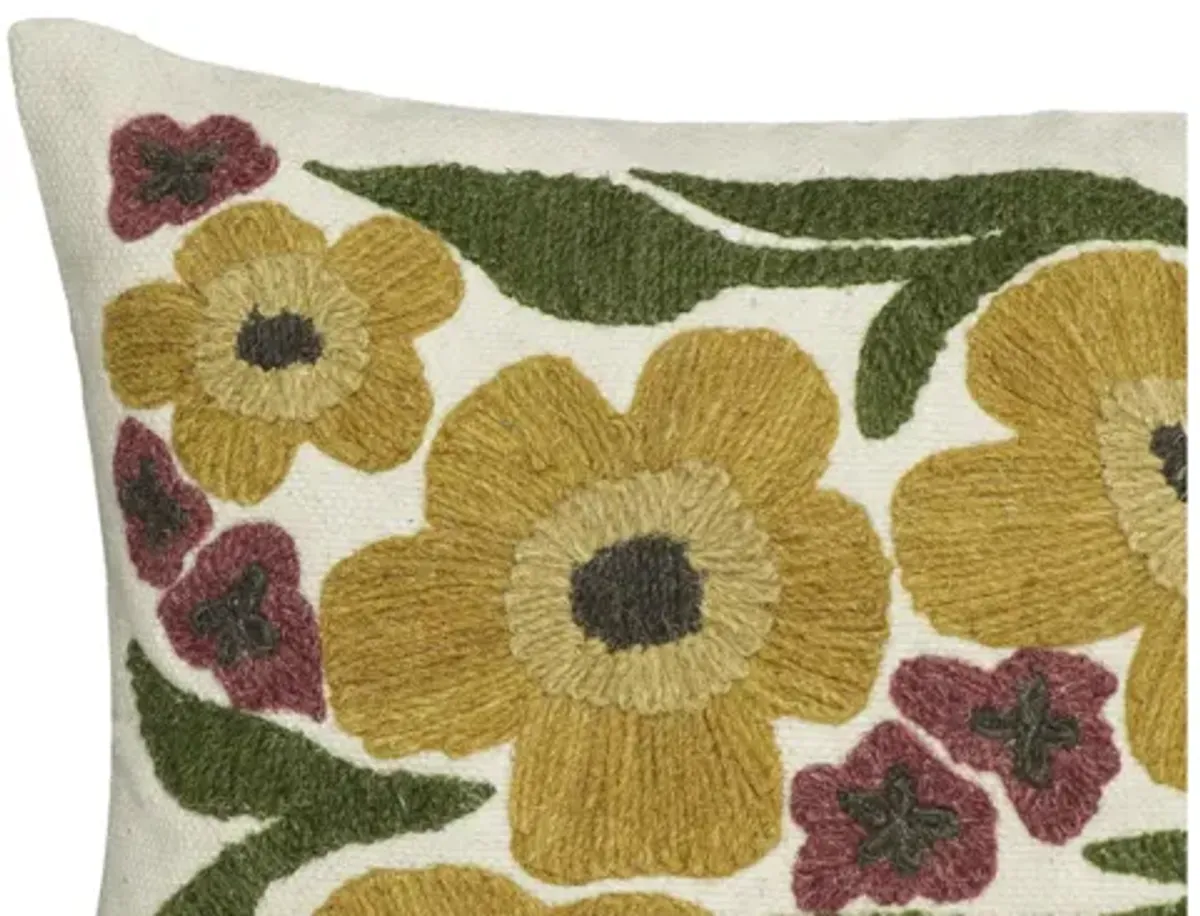 Blossom Embroidered Daisy Wool 24" x 16" Accent Cushion