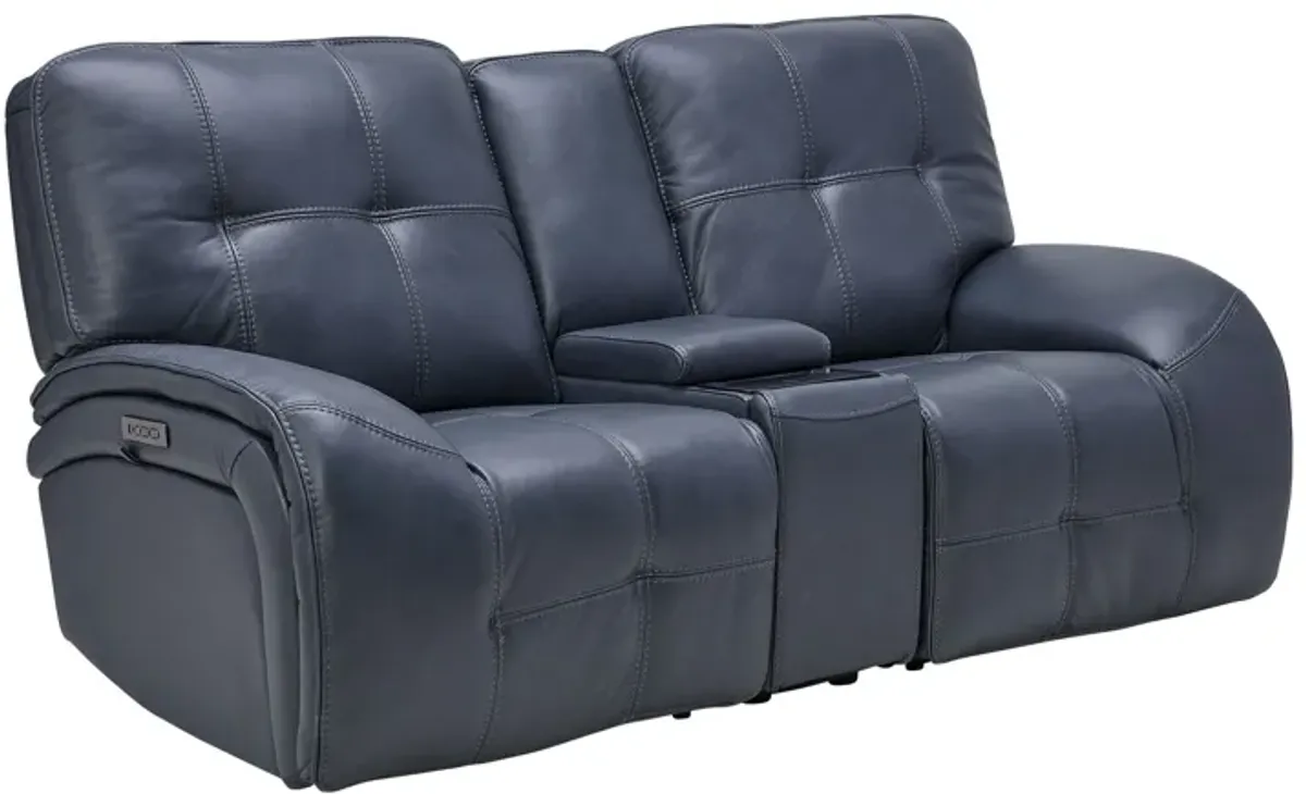 Jaxon Blue Leather Dual Power Reclining Console Loveseat