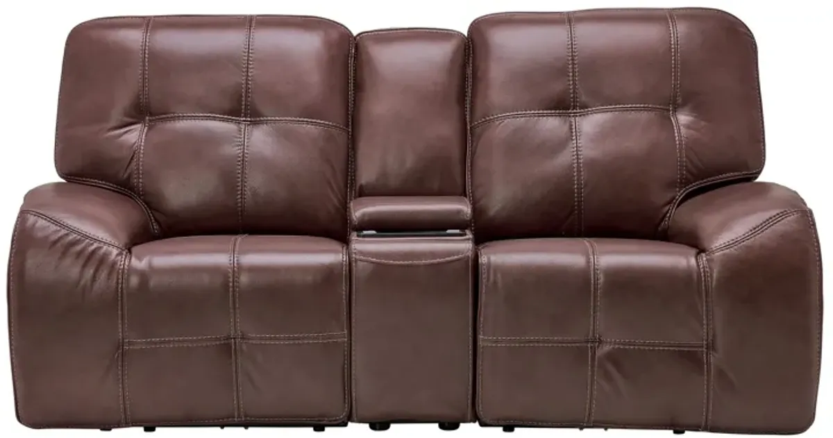 Jaxon Brown Leather Dual Power Reclining Console Loveseat