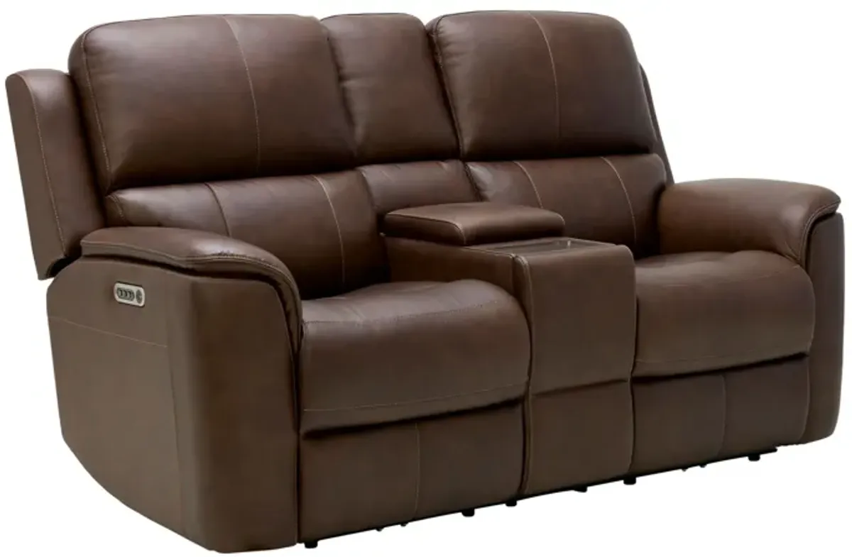 Oliver Umber Leather Triple Power Reclining Console Loveseat
