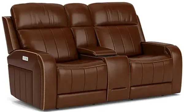 Maverick Brown Audio Triple Power Leather Reclining Console Loveseat