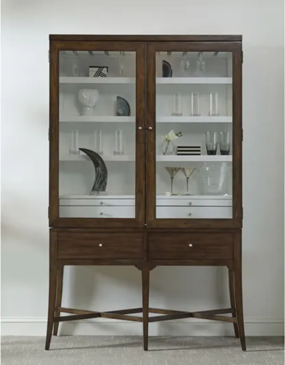 Modern Wood Bar Cabinet with Glass Doors and Storage Drawers