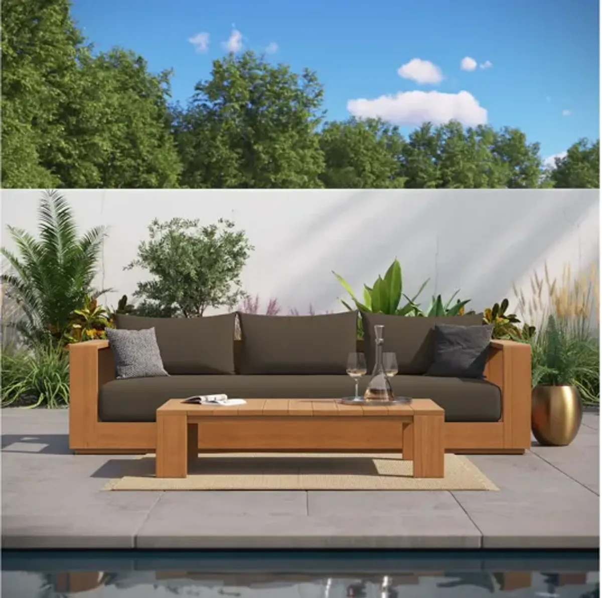 Tahoe 2-Piece Outdoor Patio Acacia Wood Sofa and Coffee Table Set