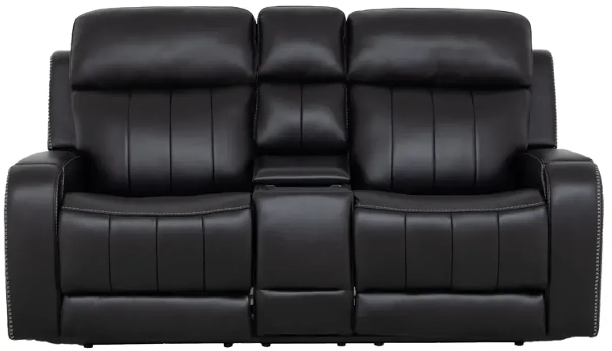 Maverick Black Audio Triple Power Leather Reclining Console Loveseat