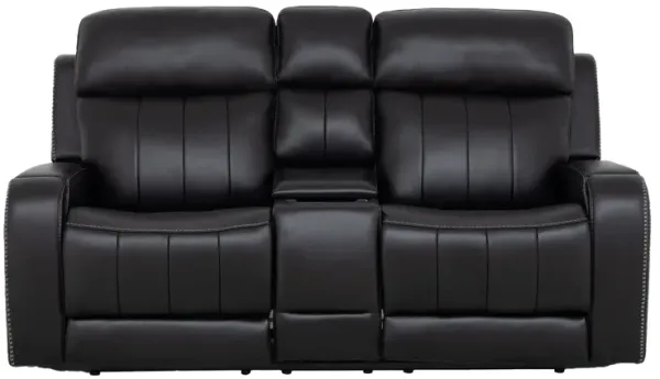 Maverick Black Audio Triple Power Leather Reclining Console Loveseat