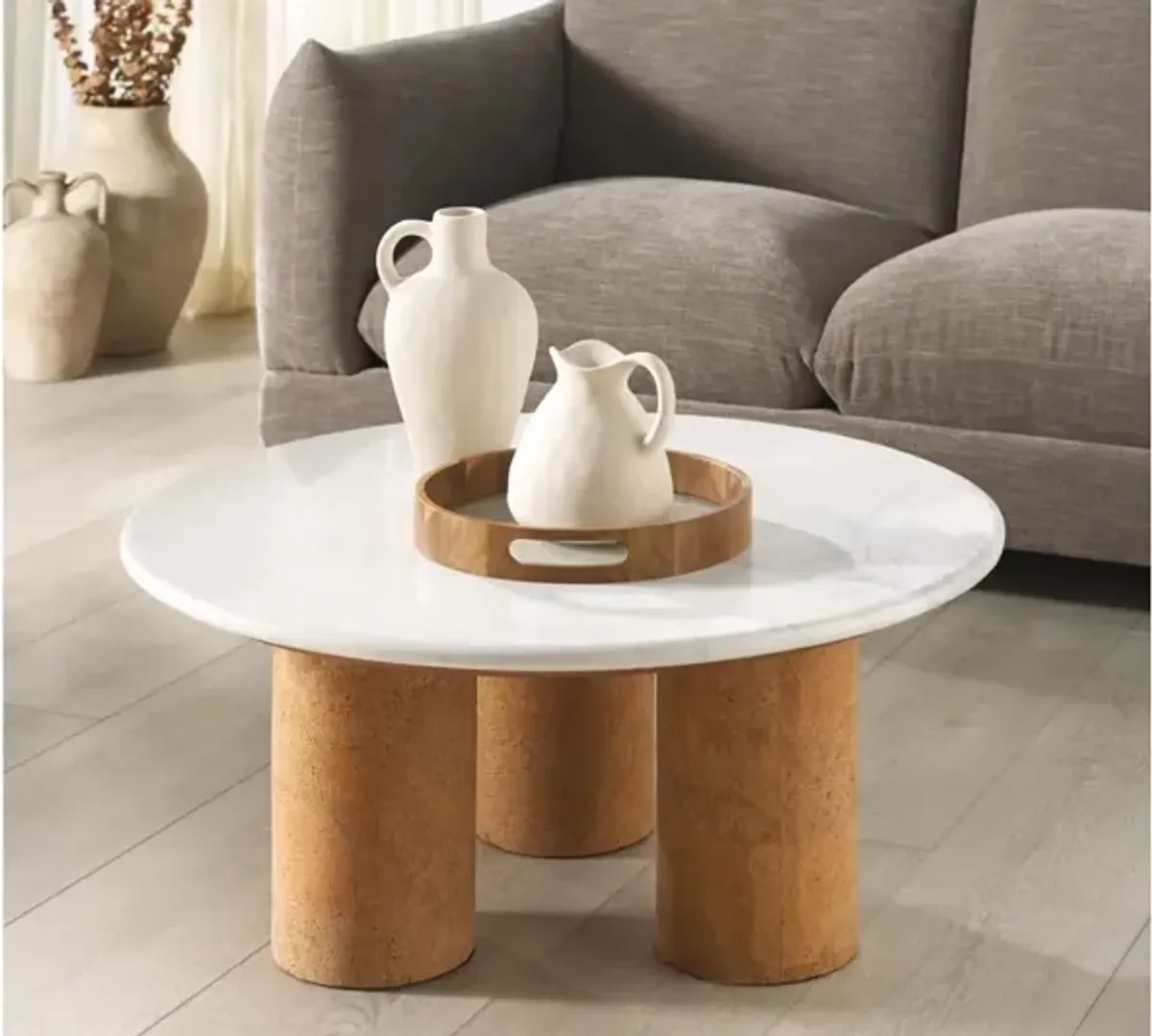 Wood Coffee Table with Beige Round Marble Top