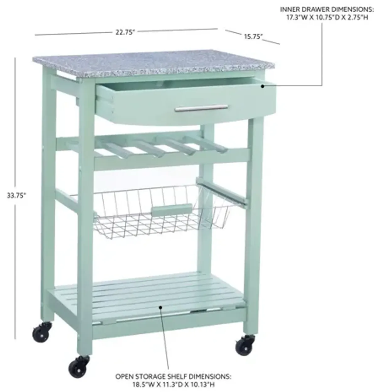 Zoey Green Kitchen Cart Granite Top