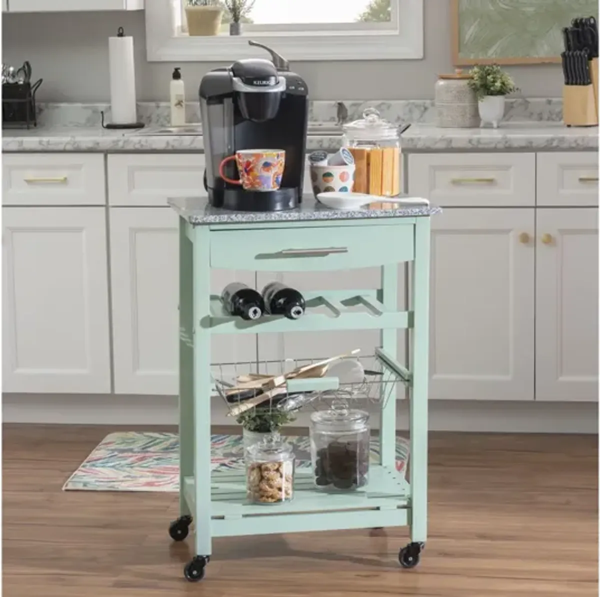 Zoey Green Kitchen Cart Granite Top