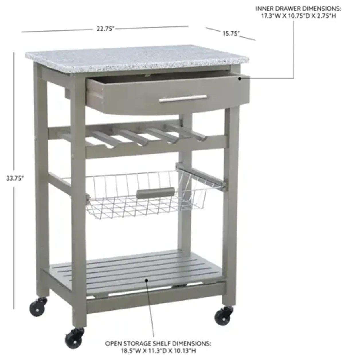Zoey Grey Kitchen Cart Granite Top