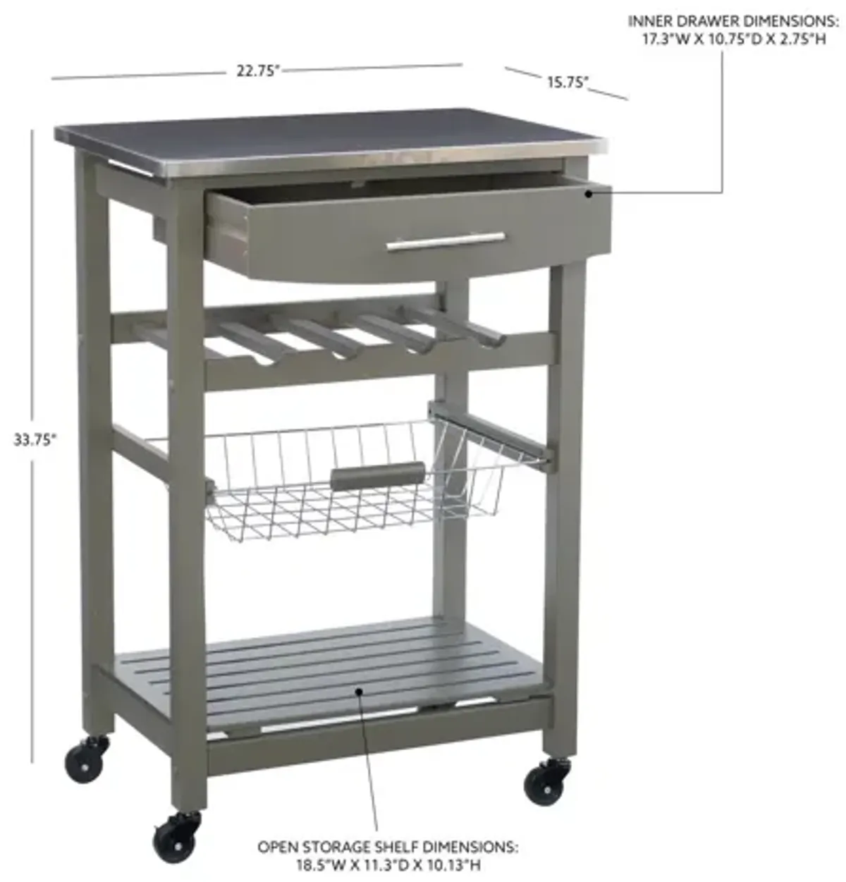 Zoey Grey Kitchen Cart Ss Top