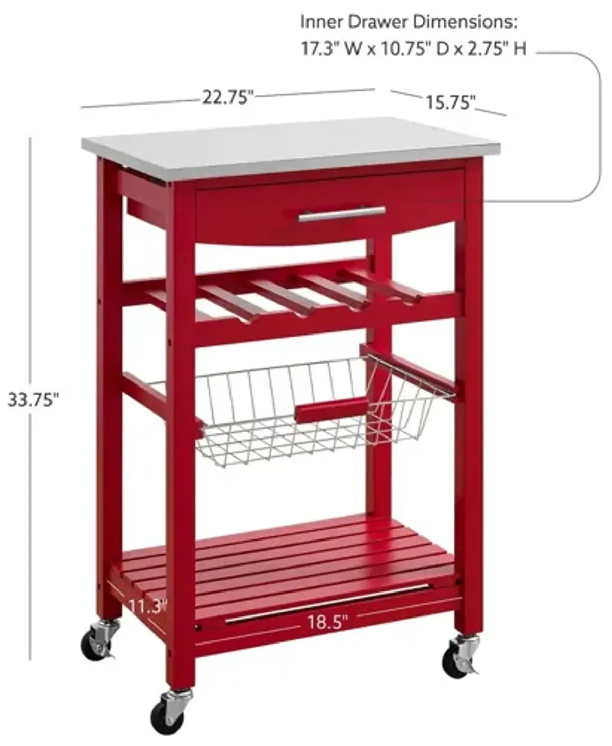 Zoey Red Kitchen Cart Ss Top