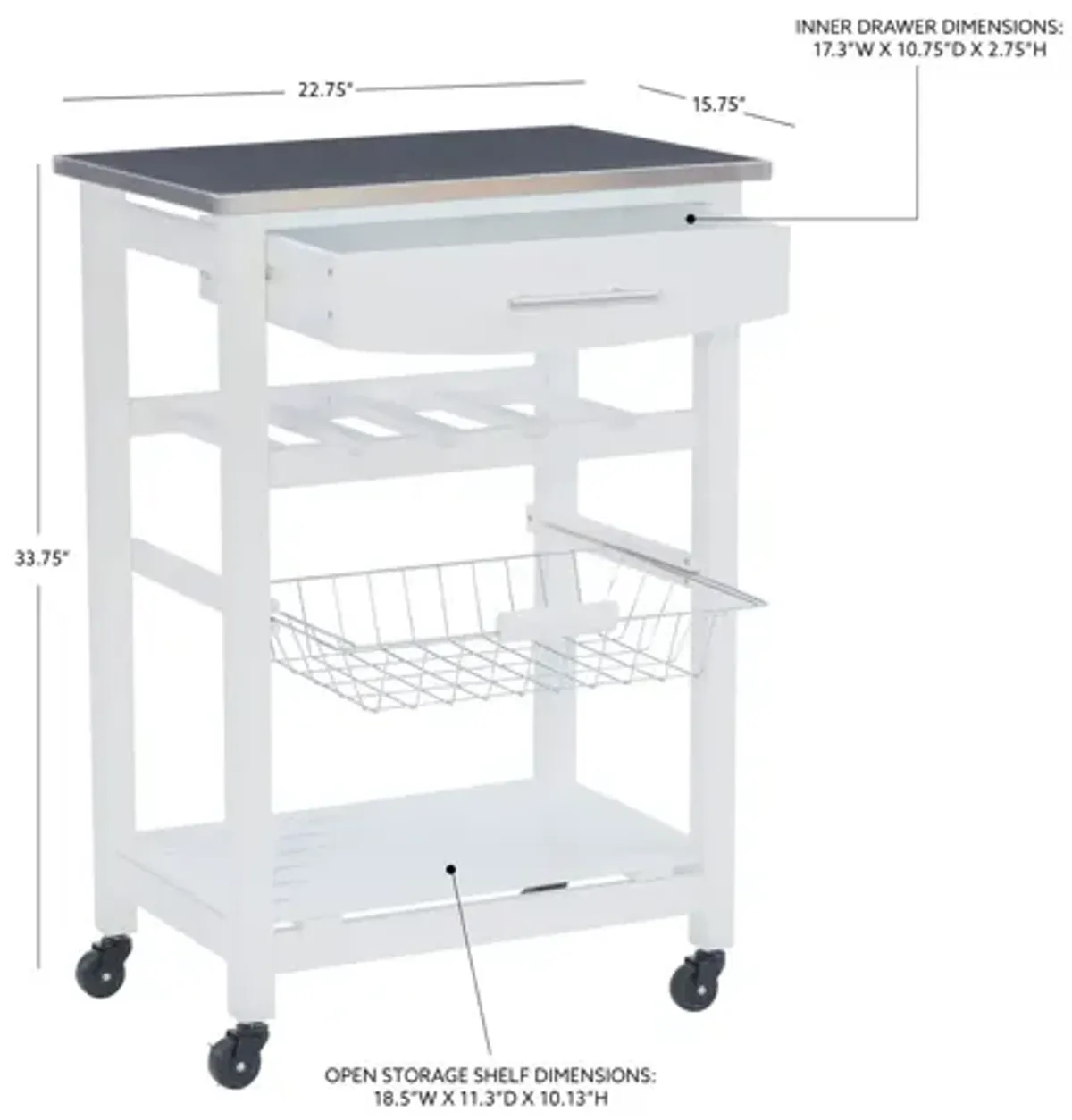 Zoey White Kitchen Cart Ss Top