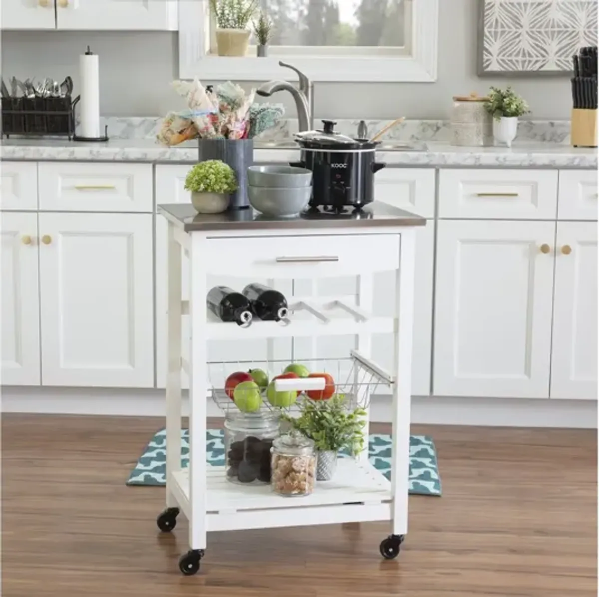 Zoey White Kitchen Cart Ss Top