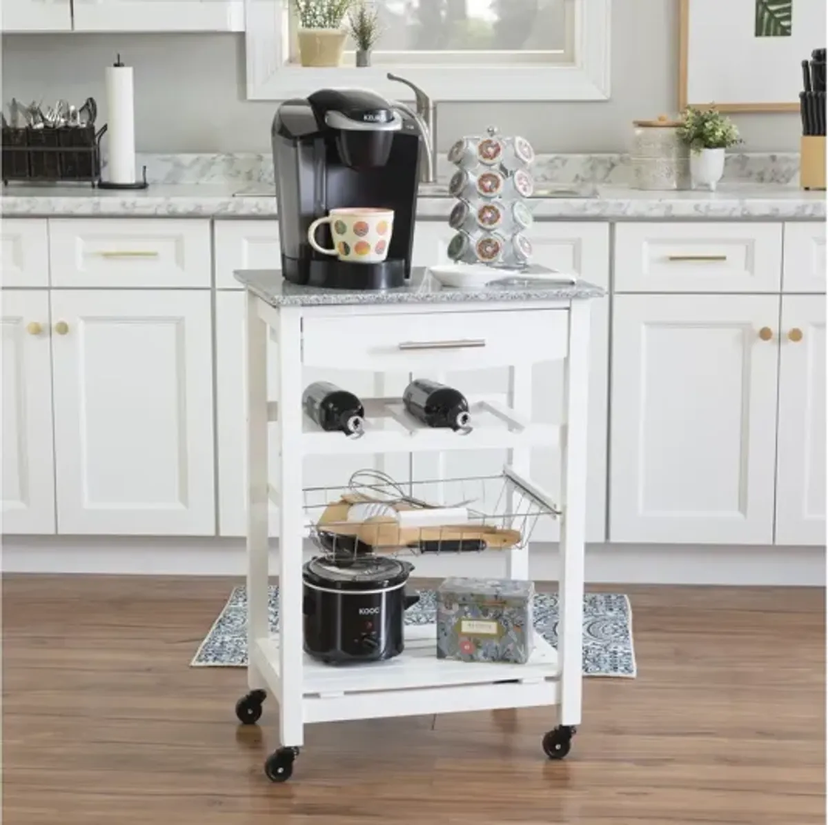 Zoey White Kitchen Cart Granite Top