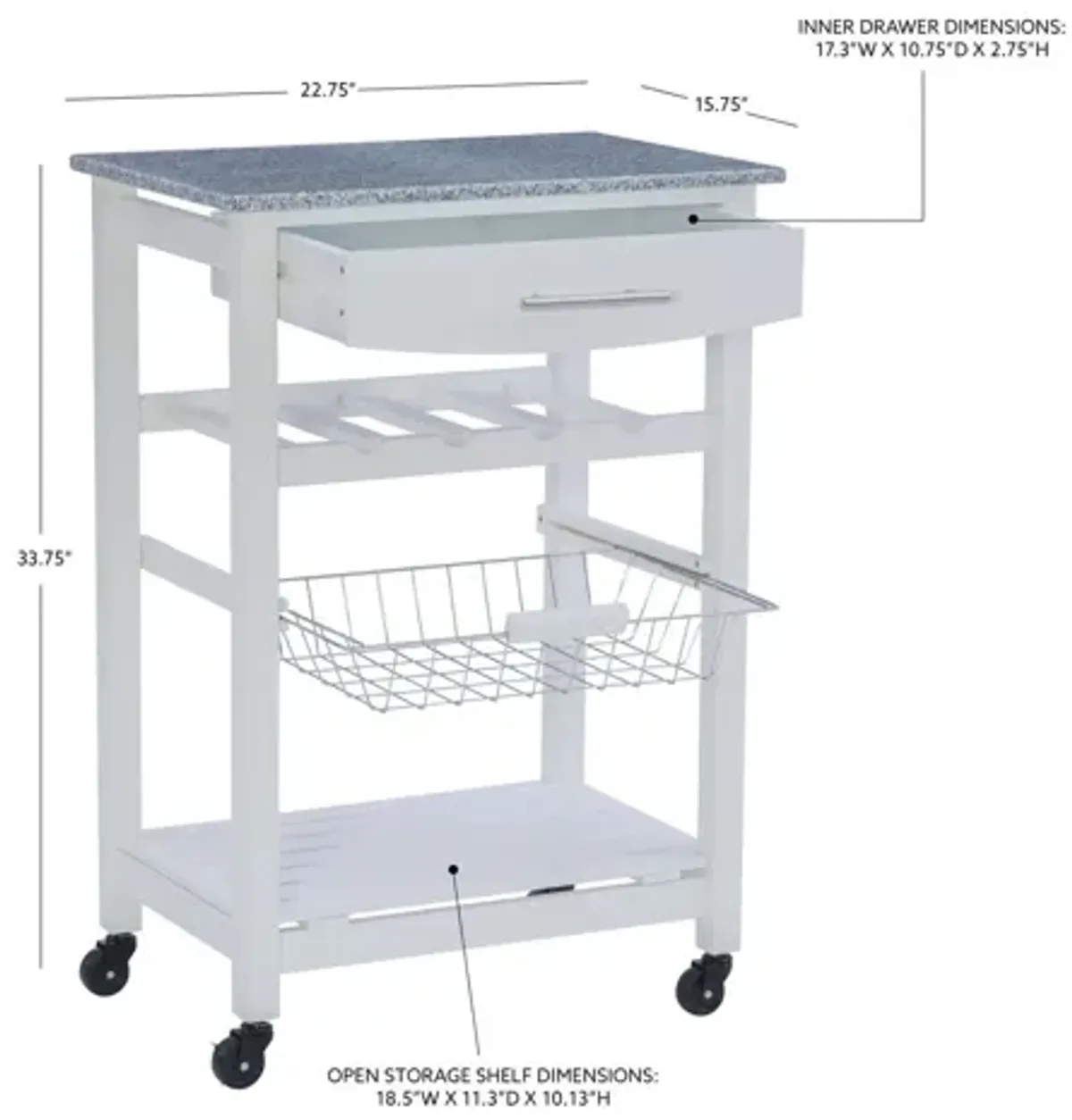 Zoey White Kitchen Cart Granite Top