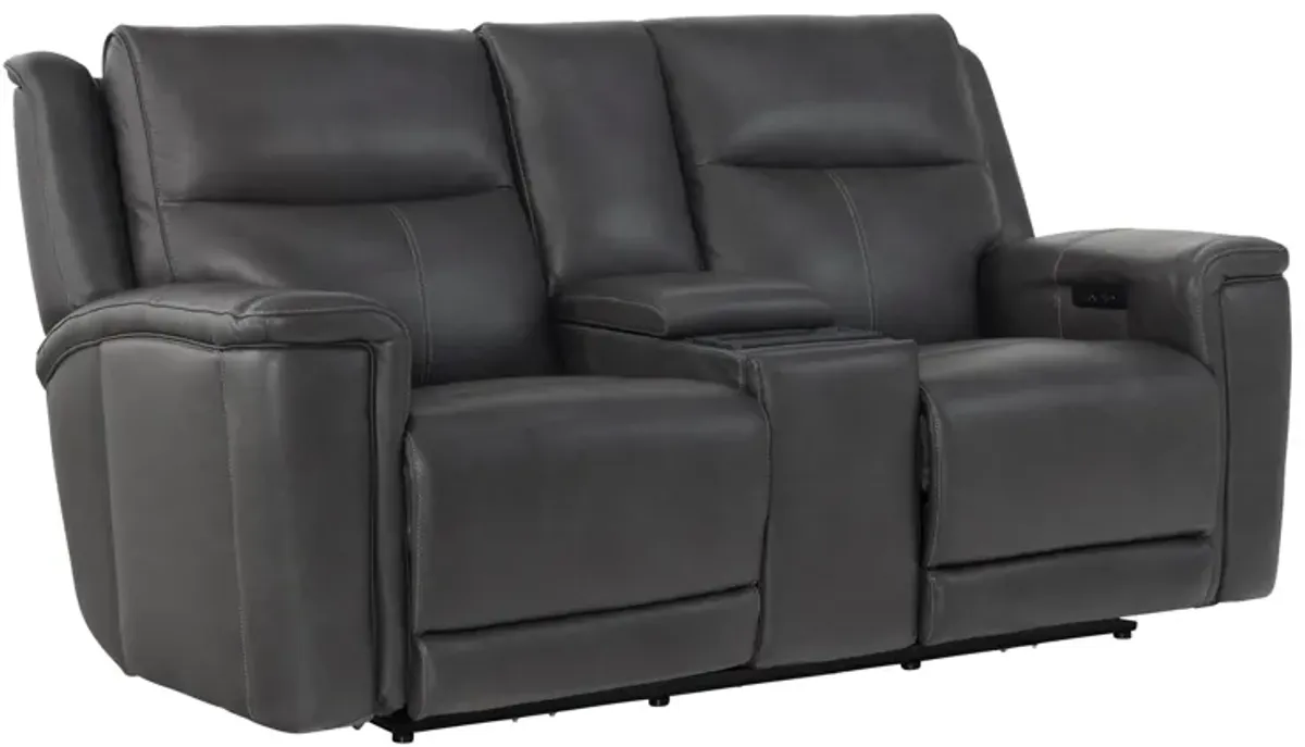 Sonic Grey Leather Audio Dual Power Reclining Console Loveseat
