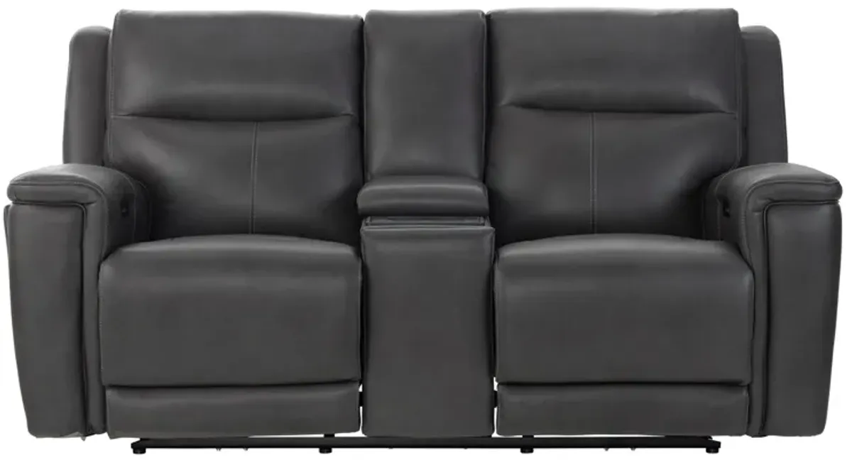 Sonic Grey Leather Audio Dual Power Reclining Console Loveseat