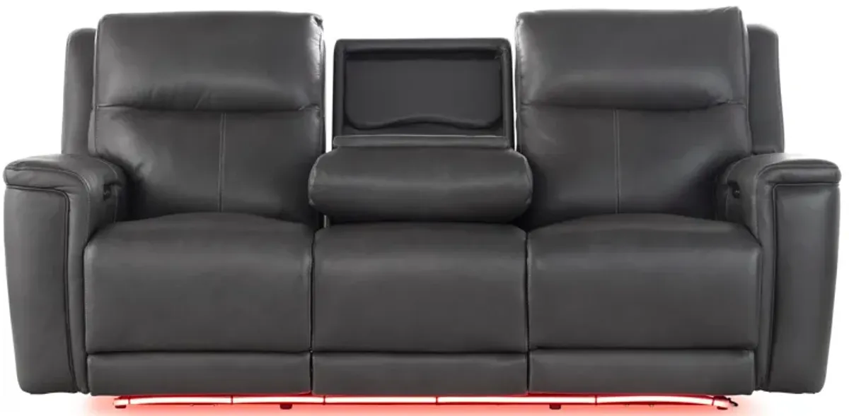 Sonic Grey Leather Audio Dual Power Reclining Sofa with Heat & Massage