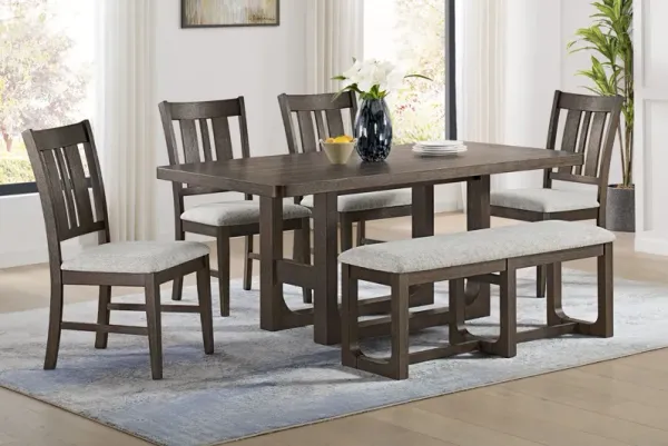 Hadley Brown Dining Table + 4 Dining Chairs + Bench