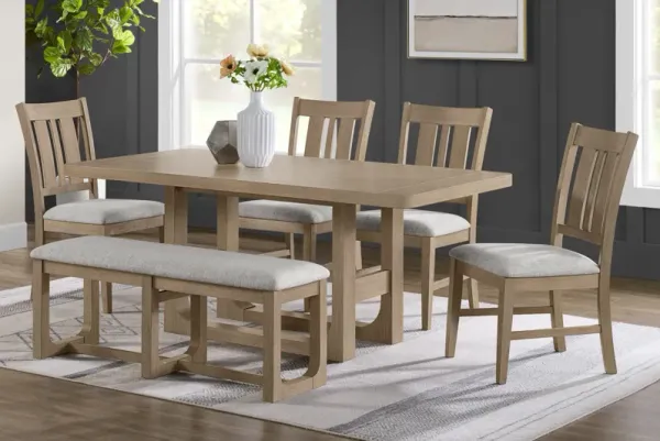 Hadley Natural Dining Table + 4 Dining Chairs + Bench