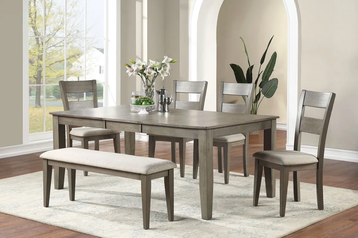 Mango Grey Extendable Dining Table + 4 Chairs + Bench