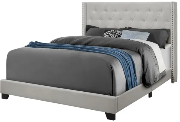 Monarch Specialties I 5985Q - Queen Size Grey Velvet Upholstered Bed Frame