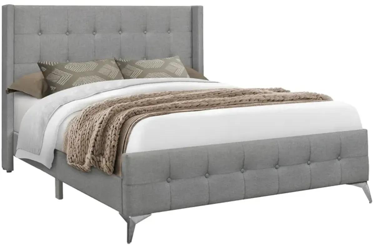 Monarch Specialties I 6040Q - Queen Size Grey Linen Upholstered Bed Frame