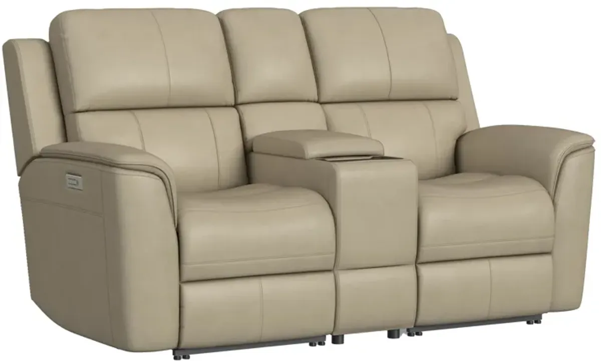Oliver Beige Leather Triple Power Reclining Console Loveseat