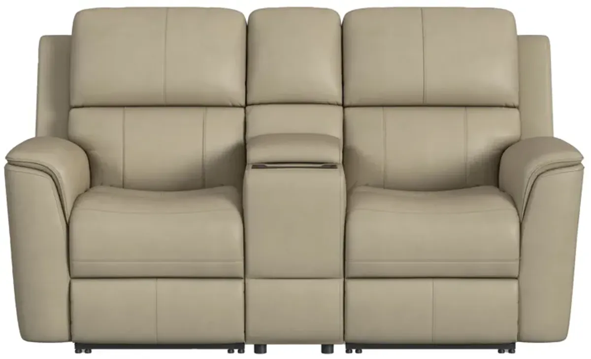 Oliver Beige Leather Triple Power Reclining Console Loveseat