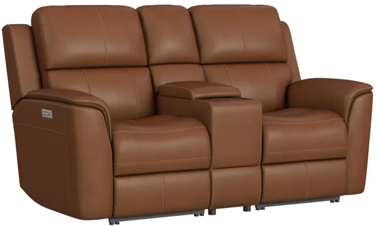 Oliver Caramel Leather Triple Power Reclining Console Loveseat