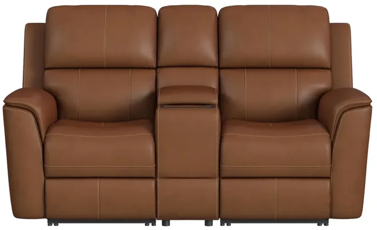 Oliver Caramel Leather Triple Power Reclining Console Loveseat