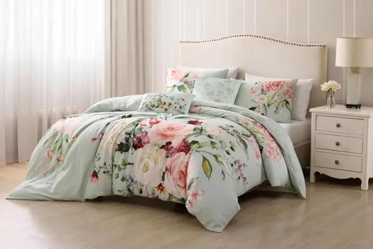 Rose on Misty Green 5 Piece 100% Cotton Reversible Comforter Set - Queen