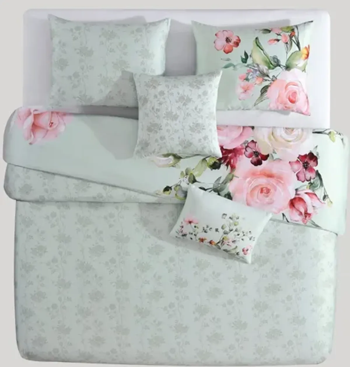 Rose on Misty Green 5 Piece 100% Cotton Reversible Comforter Set - King