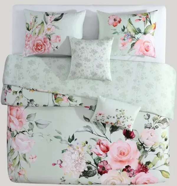 Rose on Misty Green 5 Piece 100% Cotton Reversible Comforter Set - King