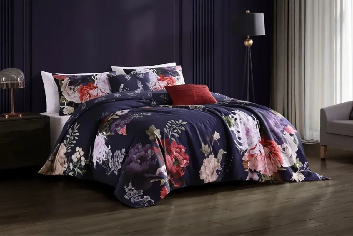Deep Purple Garden 5 Piece 100% Cotton Reversible Comforter Set - Queen