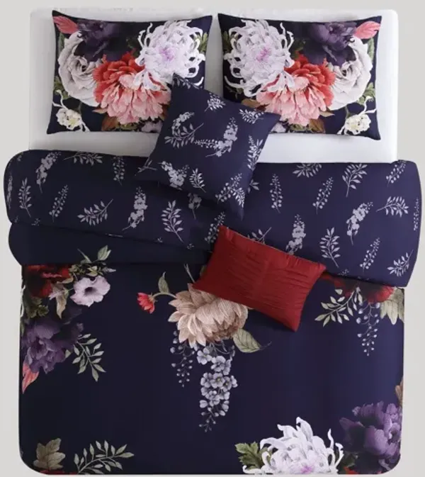 Deep Purple Garden 5 Piece 100% Cotton Reversible Comforter Set - King