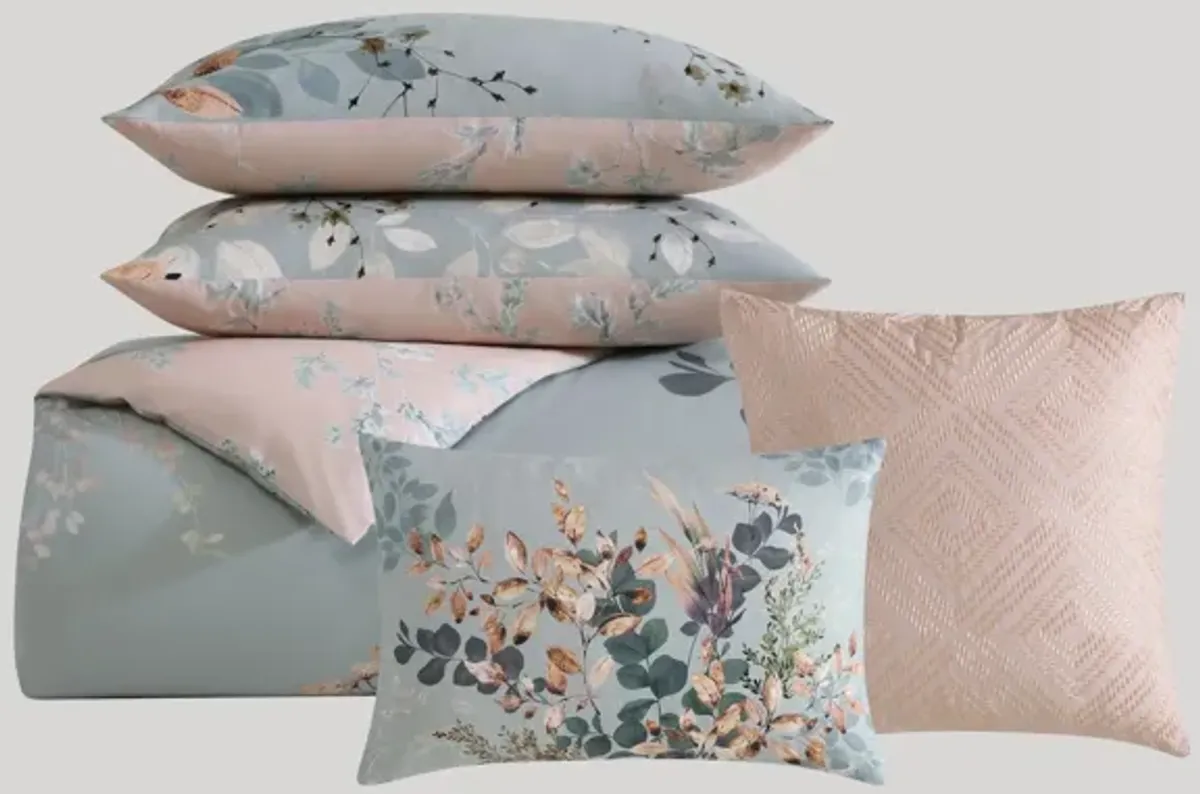 Peach Leaves on Sage 5 Piece 100% Cotton Reversible Comforter Set - Queen