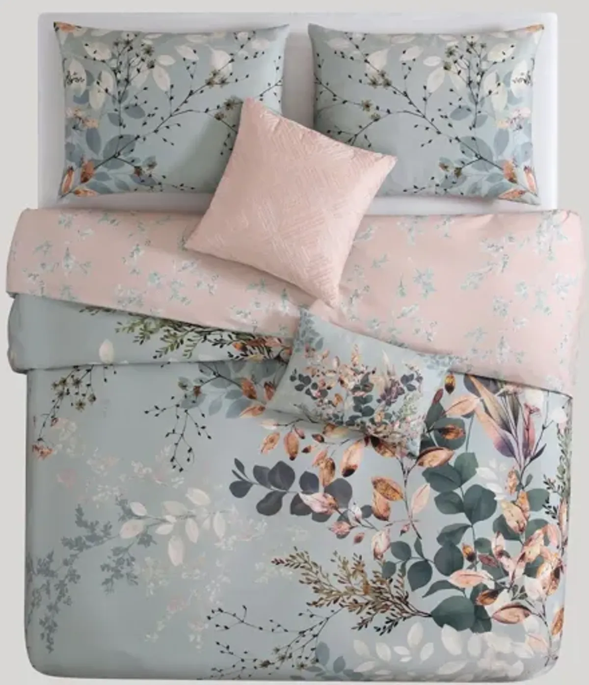 Peach Leaves on Sage 5 Piece 100% Cotton Reversible Comforter Set - King