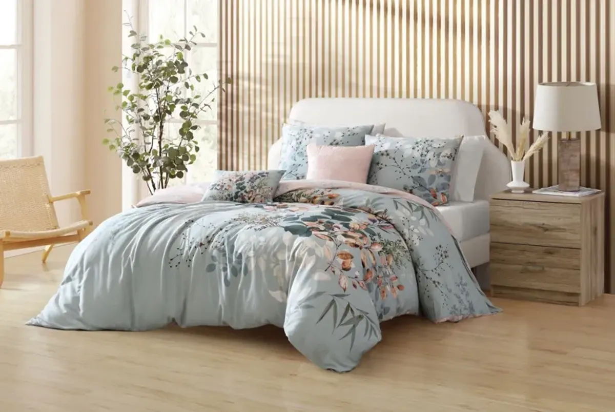 Peach Leaves on Sage 5 Piece 100% Cotton Reversible Comforter Set - King