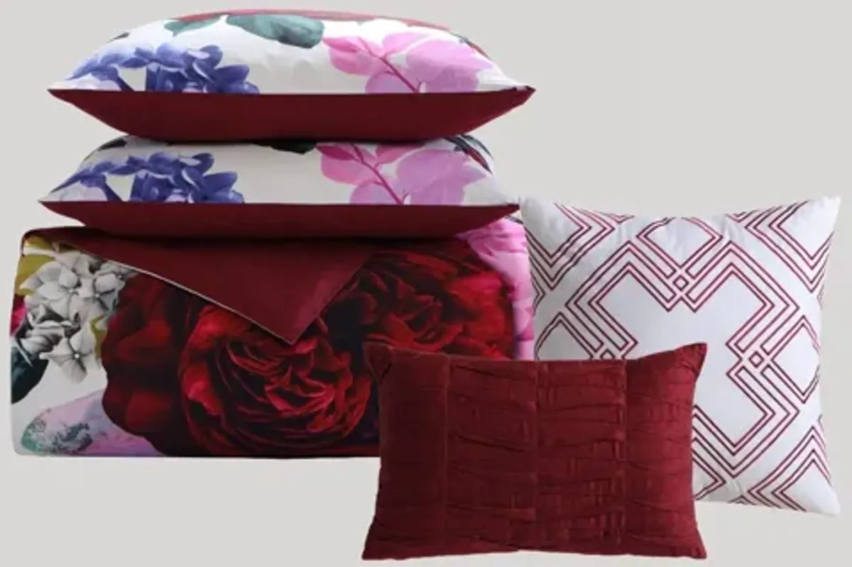 Magenta Floral 5 Piece 100% Cotton Reversible Comforter Set - Queen