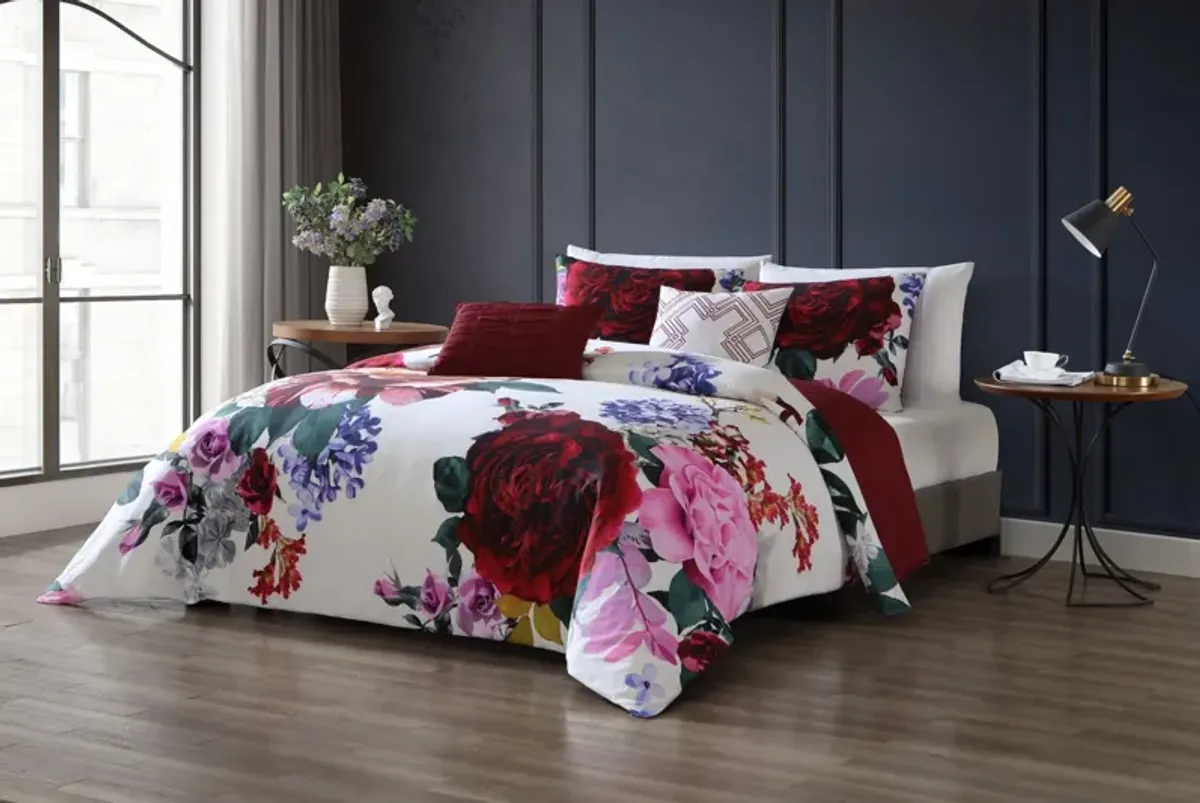 Magenta Floral 5 Piece 100% Cotton Reversible Comforter Set - Queen
