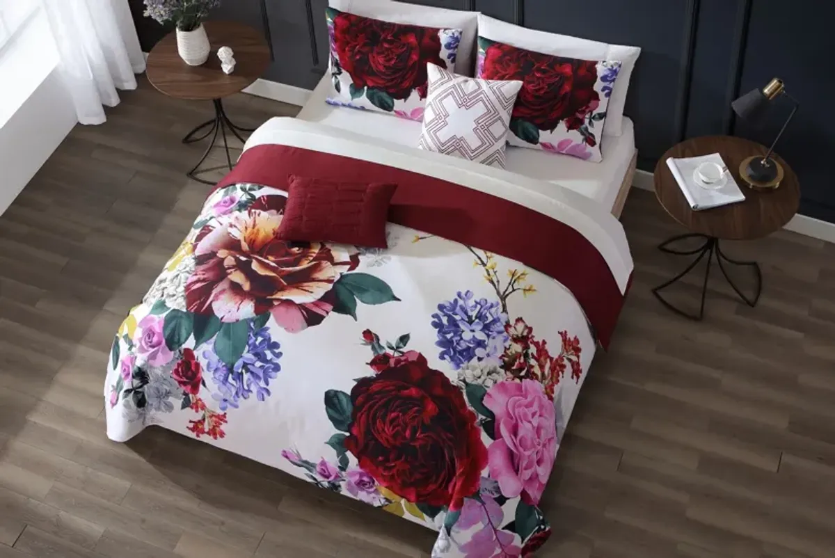 Magenta Floral 5 Piece 100% Cotton Reversible Comforter Set - King