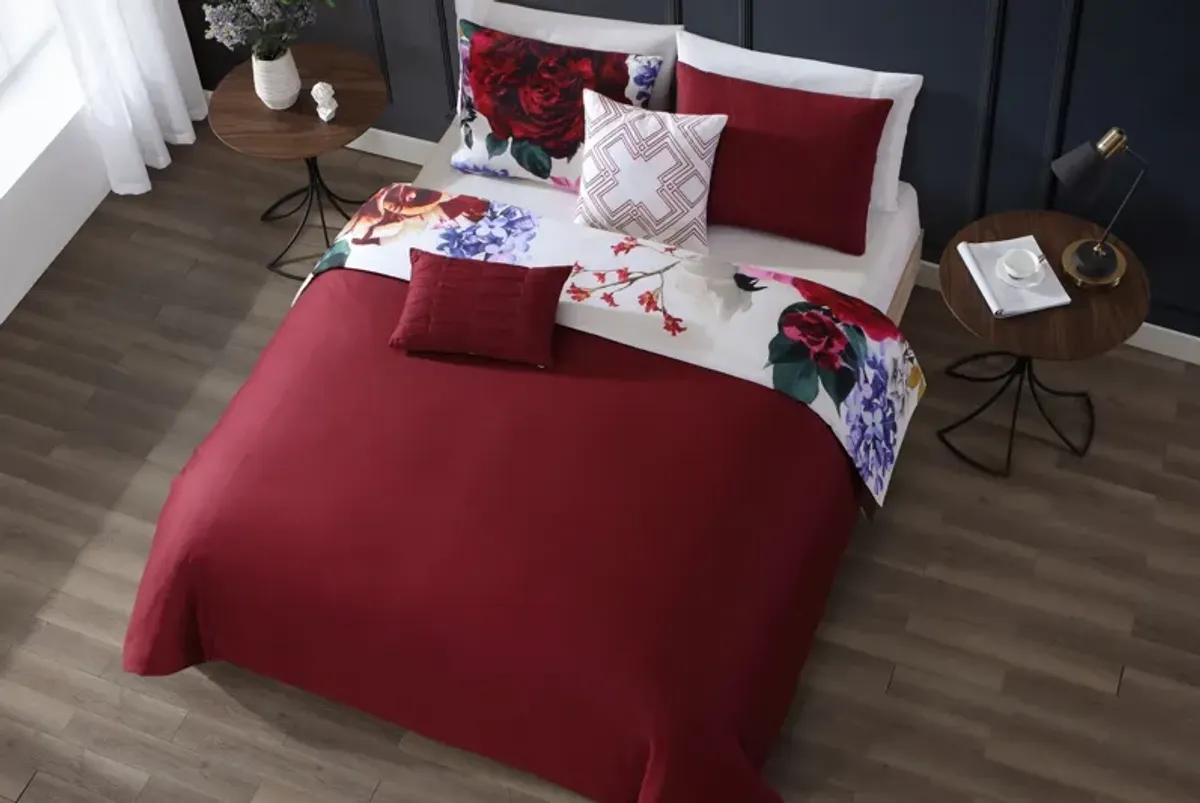 Magenta Floral 5 Piece 100% Cotton Reversible Comforter Set - King