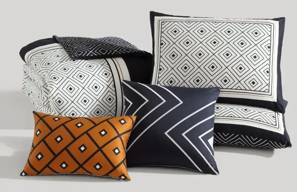 Geometric Black & White 5 Piece 100% Cotton Reversible Comforter Set - King