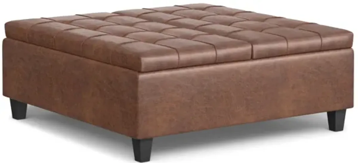 Harrison Large Square Coffee Table Storage Ottoman - Distressed Saddle Brown
