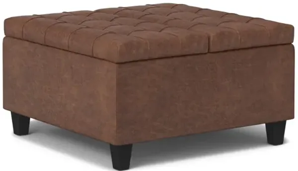 Harrison Small Square Coffee Table Storage Ottoman - Distressed Saddle Brown