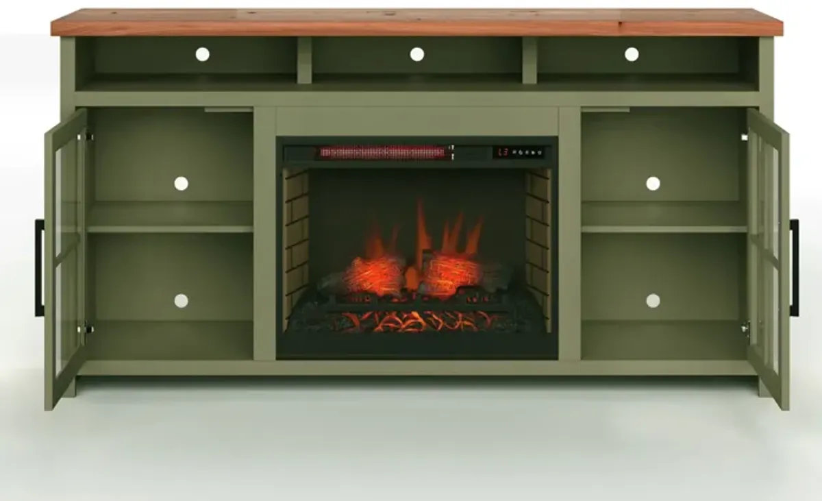 Vineyard 74 inch Fireplace TV Stand Console - Sage Green and Fruitwood